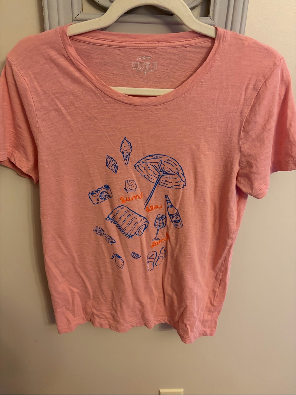 J. Crew Pink Short-Sleeve Graphic Tee with Blue & Orange Beach Motif